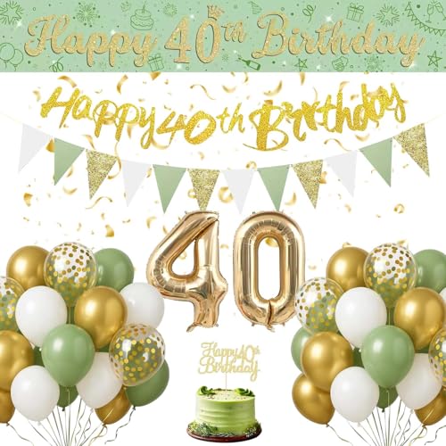 40. Geburtstag Deko für Frauen Männer - Salbeigrüne 40 Geburtstag Deko Set Grün Weiß Gold Ballon 40 mit Banner Tortendeko, Happy Birthday Girlande für Frau Mann 40 Jahre Party Geburtstagsdeko von Fakindiy