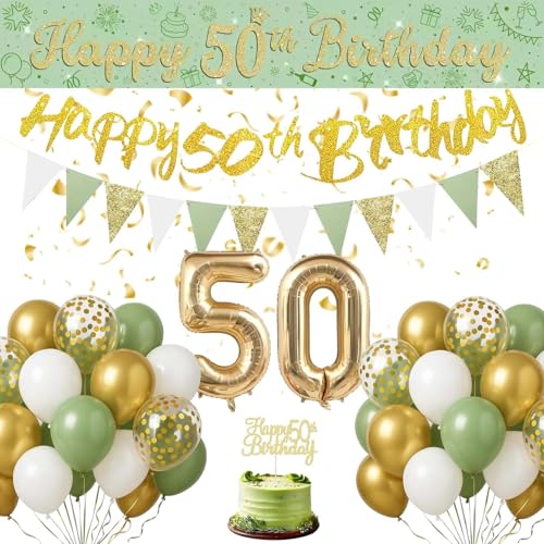 50. Geburtstag Deko für Frauen Männer - Salbeigrüne 50 Geburtstag Deko Set Grün Weiß Gold Ballon 50 mit Banner Tortendeko, Happy Birthday Girlande für Frau Mann 50 Jahre Party Geburtstagsdeko von Fakindiy