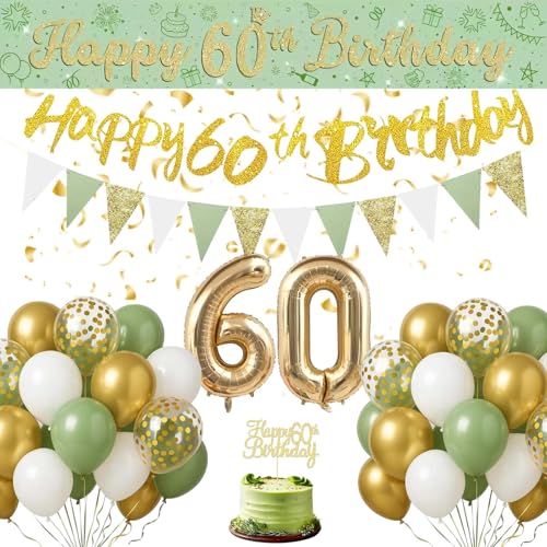 60. Geburtstag Deko für Frauen Männer - Salbeigrüne 60 Geburtstag Deko Set Grün Weiß Gold Ballon 60 mit Banner Tortendeko, Happy Birthday Girlande für Frau Mann 60 Jahre Party Geburtstagsdeko von Fakindiy