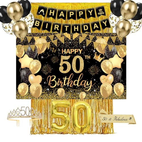 Deko 50. Geburtstag Mann Frau – Schwarz Gold Geburtstagsdeko Set mit Happy Birthday Banner, Ballons und Party Zubehör – Perfekte 50. Geburtstag Deko für Männer & Frauen von Fakindiy