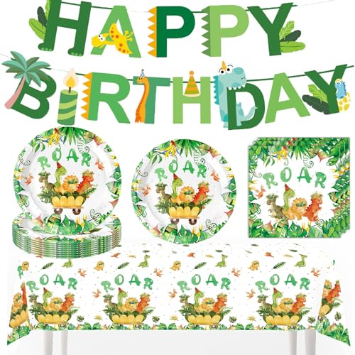 Dino Partygeschirr Set - 20 Gäste Dino Geburtstag Deko Party Geschirr Set, Pappteller Kindergeburtstag, Servietten, Tablecloths,Happy Birthday Banner für Party Kindergeburtstag deko Junge Mädchen von Fakindiy
