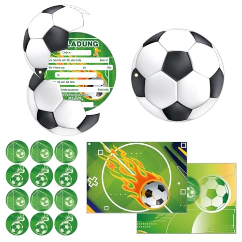 Fakindiy 12pcs Einladungskarten Kindergeburtstag - Fußball Einladungskarten - einladungskarten kindergeburtstag mädchen und jungen - Kindergeburtstag Partyeinladungen mit Umschlägen und Aufkleber von Fakindiy