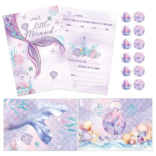 Fakindiy 12pcs Einladungskarten Kindergeburtstag - Meerjungfrau Einladungskarten - einladungskarten kindergeburtstag mädchen und jungen - Kindergeburtstag Partyeinladungen mit Umschlägen und Aufkleber von Fakindiy