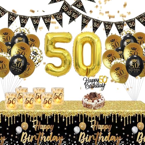 Fakindiy 50 Geburtstag Deko Mann 50 Geburtstag Frau Schwarz Gold Ballons Zahl 50 Folienballons Happy Birthday Girlande Tischdecke Ballon-Kette Deko Set mit Kuchen-Einsatz und Kerzen-Lampenschirm von Fakindiy