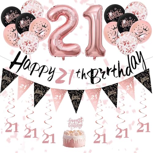 21. Geburtstag Mädchen Deko - Schwarz Rosegold Geburtstagdeko zum 21 Geburtstagsbanner, Luftballon, Spiral Wirbel Geburtstag Girlande, Tortenstecker Geburtstags Dekoration für Mädchen Frau Frauen von Fakindiy