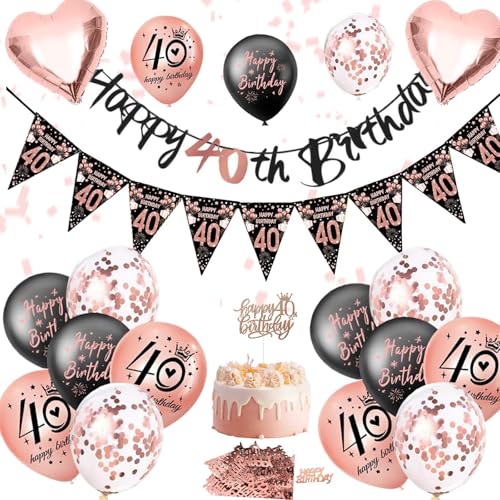 Deko 40. Geburtstag Frauen - Schwarz Rosegold Geburtstag Deko zum 40. Geburtstagsbanner, Luftballon, Tortenstecker, Konfetti Dekoration für Frau Mann von Fakindiy