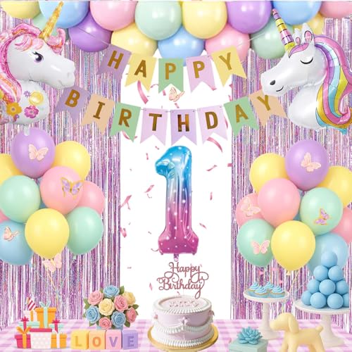 Geburtstagsdeko 1 jahr Mädchen - Deko 1. Geburtstag Mädchen Mit luftballon 1. geburtstag,Happy Birthday Banner,Tortendeko,Glitzer Lametta Vorhang für Erster 4 5 6 7 8 9 10 jahr Kindergeburtstag Deko von Fakindiy
