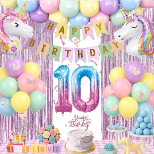 Geburtstagsdeko 10 jahr Mädchen - Deko 10. Geburtstag Mädchen Mit luftballon 10. geburtstag,Happy Birthday Banner,Tortendeko,Glitzer Lametta Vorhang für 1 4 5 6 7 8 9 10 jahr Kindergeburtstag Deko von Fakindiy