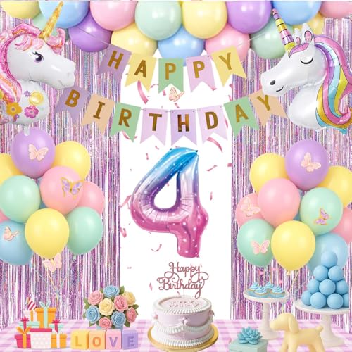 Geburtstagsdeko 4 jahr Mädchen - Deko 4. Geburtstag Mädchen Mit luftballon 4. geburtstag,Happy Birthday Banner,Tortendeko,Glitzer Lametta Vorhang für Erster 4 5 6 7 8 9 10 jahr Kindergeburtstag Deko von Fakindiy