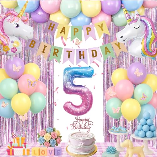 Geburtstagsdeko 5 jahr Mädchen - Deko 5. Geburtstag Mädchen Mit luftballon 5. geburtstag,Happy Birthday Banner,Tortendeko,Glitzer Lametta Vorhang für Erster 4 5 6 7 8 9 10 jahr Kindergeburtstag Deko von Fakindiy