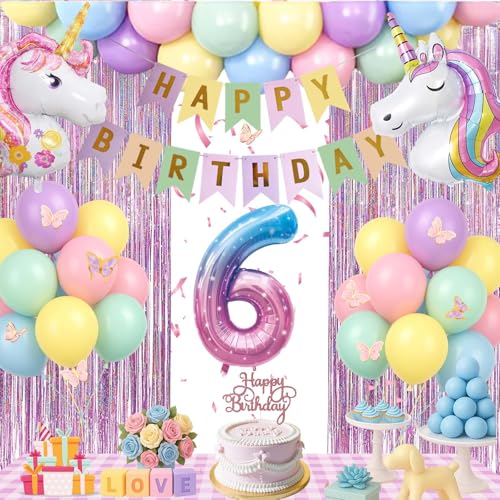 Geburtstagsdeko 6 jahr Mädchen - Deko 6. Geburtstag Mädchen Mit luftballon 1. geburtstag,Happy Birthday Banner,Tortendeko,Glitzer Lametta Vorhang für Erster 4 5 6 7 8 9 10 jahr Kindergeburtstag Deko von Fakindiy