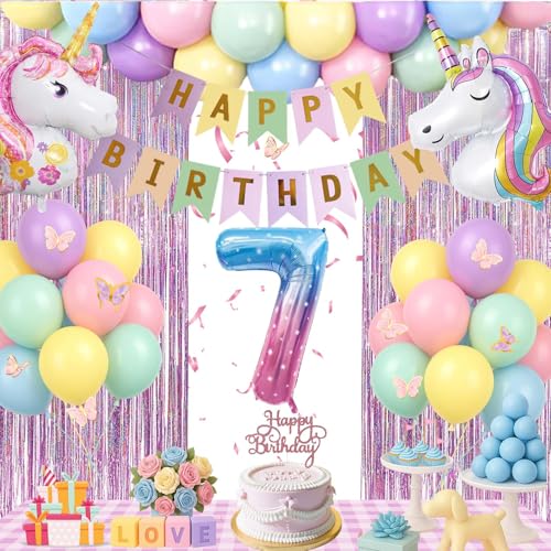 Geburtstagsdeko 7 jahr Mädchen - Deko 7. Geburtstag Mädchen Mit luftballon 7. geburtstag,Happy Birthday Banner,Tortendeko,Glitzer Lametta Vorhang für Erster 4 5 6 7 8 9 10 jahr Kindergeburtstag Deko von Fakindiy