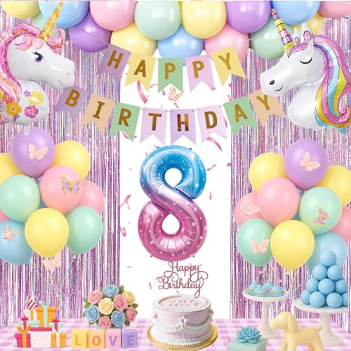 Geburtstagsdeko 8 jahr Mädchen - Deko 8. Geburtstag Mädchen Mit luftballon 8. geburtstag,Happy Birthday Banner,Tortendeko,Glitzer Lametta Vorhang für Erster 4 5 6 7 8 9 10 jahr Kindergeburtstag Deko von Fakindiy