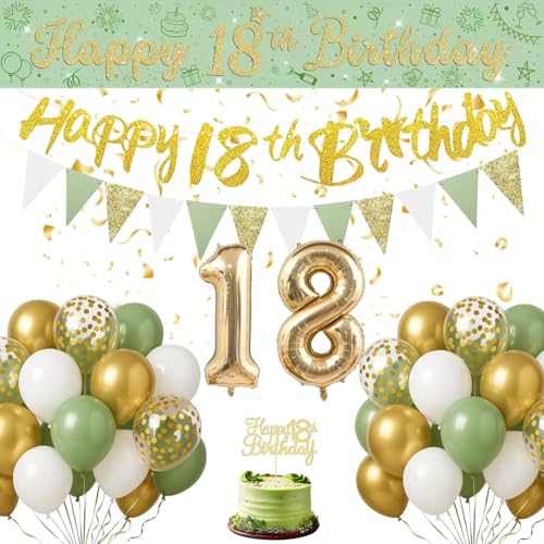 18. Geburtstag Deko für Jungen Mädchen - Salbeigrüne 18 Geburtstag Deko Set Grün Weiß Gold Ballon 18 mit Banner Tortendeko, Happy Birthday Girlande für 18 Jahre Party Geburtstagsdeko von Fakindiy