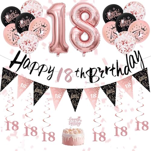 Geburtstagsdekorationen für Mädchen – Rosegold Schwarz Geburtstagsbanner, Luftballons, hängende Wirbel, Dreieck und Kuchen Topper für Mädchen Ihr Geburtstag Party Supplies (Rosegold Schwarz 18th) von Fakindiy