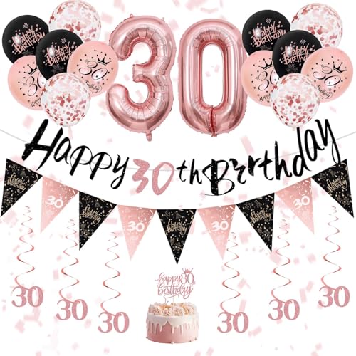 Geburtstagsdekorationen für Mädchen – Rosegold Schwarz Geburtstagsbanner, Luftballons, hängende Wirbel, Dreieck und Kuchendekorationen für Mädchen Ihre Geburtstagsparty Supplies (Rosegold Schwarz 30th Geburtstagsdekorationen für Mädchen – Rosegold Schwarz Geburtstagsbanner, Luftballons, hängende Wirbel, Dreieck und Kuchendekorationen für Mädchen Ihre Geburtstagsparty Supplies (Rosegold Schwarz 30th von Fakindiy