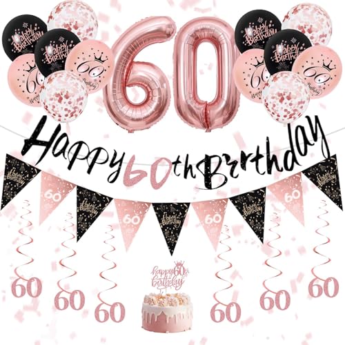 Geburtstagsdekorationen für Mädchen – Rosegold Schwarz Geburtstagsbanner, Luftballons, hängende Wirbel, Dreieck und Kuchendekorationen für Mädchen Ihre Geburtstagsparty Supplies (Rosegold Schwarz 60th Geburtstagsdekorationen für Mädchen – Rosegold Schwarz Geburtstagsbanner, Luftballons, hängende Wirbel, Dreieck und Kuchendekorationen für Mädchen Ihre Geburtstagsparty Supplies (Rosegold Schwarz 60th von Fakindiy
