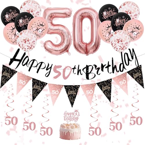 Geburtstagsdekorationen für Mädchen – Rosegold Schwarz Geburtstagsbanner, Luftballons, hängende Wirbel, Dreieck und Kuchendekorationen für Mädchen Ihre Geburtstagsparty Supplies (Rosegold Schwarz 50th Geburtstagsdekorationen für Mädchen – Rosegold Schwarz Geburtstagsbanner, Luftballons, hängende Wirbel, Dreieck und Kuchendekorationen für Mädchen Ihre Geburtstagsparty Supplies (Rosegold Schwarz 50th von Fakindiy
