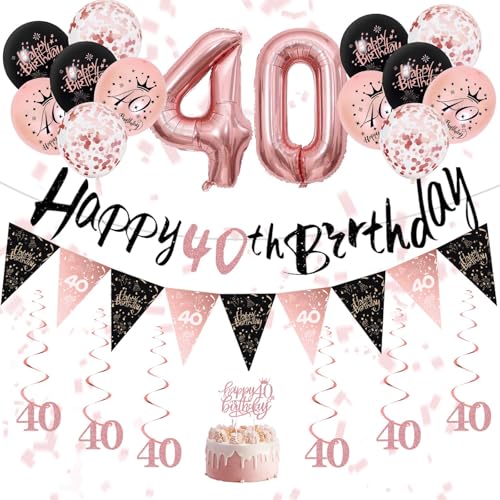 Geburtstagsdekorationen für Mädchen – Rosegold Schwarz Geburtstagsbanner, Luftballons, hängende Wirbel, Dreieck und Kuchendekorationen für Mädchen Ihre Geburtstagsparty Supplies (Rosegold Schwarz 40th Geburtstagsdekorationen für Mädchen – Rosegold Schwarz Geburtstagsbanner, Luftballons, hängende Wirbel, Dreieck und Kuchendekorationen für Mädchen Ihre Geburtstagsparty Supplies (Rosegold Schwarz 40th von Fakindiy