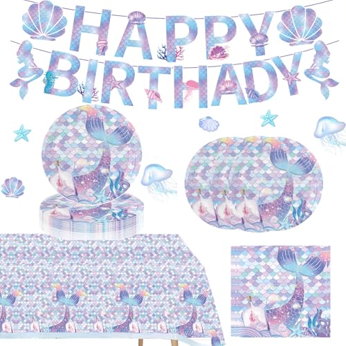 Meerjungfrau Partygeschirr Set - 20 Gäste Meerjungfrau Geburtstag Deko Party Geschirr Set, Pappteller Kindergeburtstag, Servietten, Tablecloths,Happy Birthday Banner für Party deko Junge Mädchen von Fakindiy