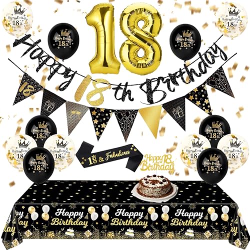 Party-Dekorationen zum 18. Geburtstag – Schwarz Gold 18. Happy Birthday Luftballons Banner Tischdecke Kuchen Topper Schärpe Wimpelkette Flaggen Zahlenballons für Erwachsene Männer Frauen 18. von Fakindiy