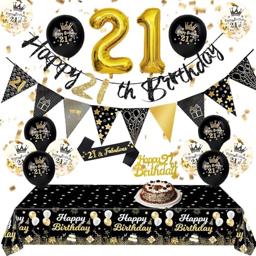 Party-Dekorationen zum 21. Geburtstag – Schwarz Gold 21. Happy Birthday Luftballons Banner Tischdecke Kuchen Topper Schärpe Wimpelkette Flaggen Zahlenballons für Erwachsene Männer Frauen 21. von Fakindiy