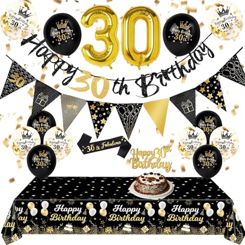 Party-Dekorationen zum 30. Geburtstag – Schwarz Gold 30. Happy Birthday Banner Luftballons Tischdecke Kuchen Topper Schärpe Wimpelkette Flaggen Zahlenballons für Erwachsene Männer Frauen Geburtstag Party-Dekorationen zum 30. Geburtstag – Schwarz Gold 30. Happy Birthday Banner Luftballons Tischdecke Kuchen Topper Schärpe Wimpelkette Flaggen Zahlenballons für Erwachsene Männer Frauen Geburtstag von Fakindiy