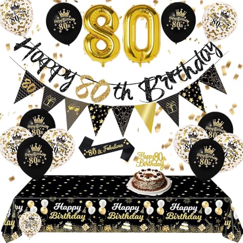 Party-Dekorationen zum 80. Geburtstag – Schwarz Gold 80. Happy Birthday Luftballons Banner Tischdecke Kuchen Topper Schärpe Wimpelkette Flaggen Zahlenballons für Erwachsene Männer Frauen 80. von Fakindiy