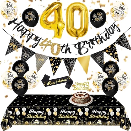 Partydekorationen zum 40. Geburtstag – Schwarz Gold 40. Happy Birthday Luftballons Banner Tischdecke Kuchen Topper Schärpe Wimpelkette Flaggen Zahlenballons für Erwachsene Männer Frauen 40. Geburtstag von Fakindiy