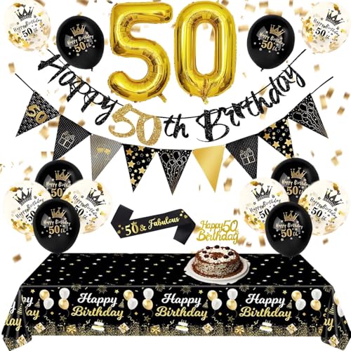 Partydekorationen zum 50. Geburtstag – Schwarz Gold 50. Happy Birthday Luftballons Banner Tischdecke Kuchen Topper Schärpe Wimpelkette Flaggen Zahlenballons für Erwachsene Männer Frauen 50. Geburtstag von Fakindiy