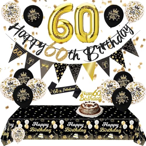 Partydekorationen zum 60. Geburtstag – Schwarz Gold 60. Happy Birthday Luftballons Banner Tischdecke Kuchen Topper Schärpe Wimpelkette Flaggen Zahlenballons für Erwachsene Männer Frauen 60. Geburtstag von Fakindiy