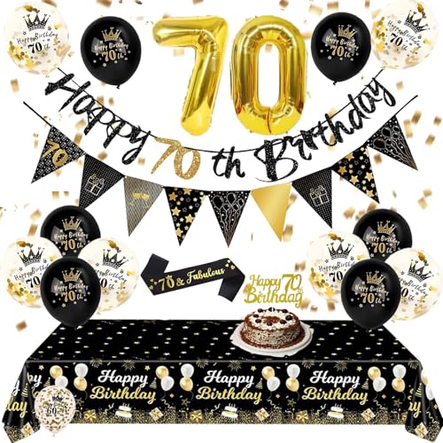 Partydekorationen zum 70. Geburtstag – Schwarz Gold 70. Happy Birthday Luftballons Banner Tischdecke Kuchen Topper Schärpe Wimpelkette Flaggen Zahlenballons für Erwachsene Männer Frauen 70 Geburtstag von Fakindiy