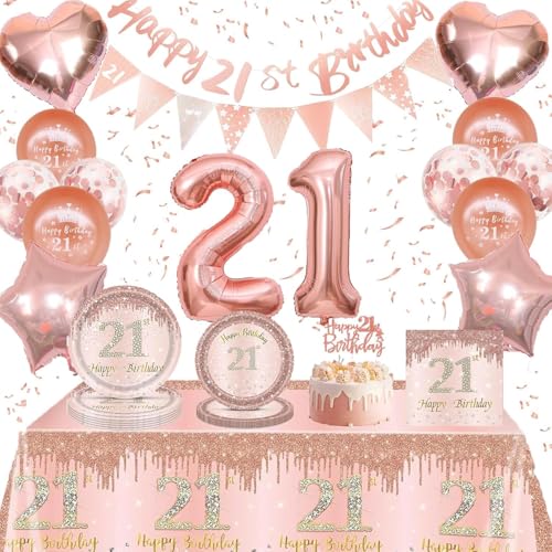 Roségoldene Geburtstagsdekorationen, Happy Birthday Tischdecke, Pappteller, Servietten-Sets für Tischdekorationen für Frauen, Männer, Ihn, Er (Roségold 21 von Fakindiy