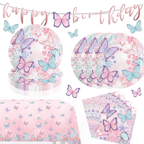 Schmetterling Partygeschirr Set - 20 Gäste Schmetterling Geburtstag Deko Party Geschirr Set, Pappteller Kindergeburtstag, Servietten, Tablecloths,Happy Birthday Banner für Party deko Mädchen Schmetterling Partygeschirr Set - 20 Gäste Schmetterling Geburtstag Deko Party Geschirr Set, Pappteller Kindergeburtstag, Servietten, Tablecloths,Happy Birthday Banner für Party deko Mädchen von Fakindiy