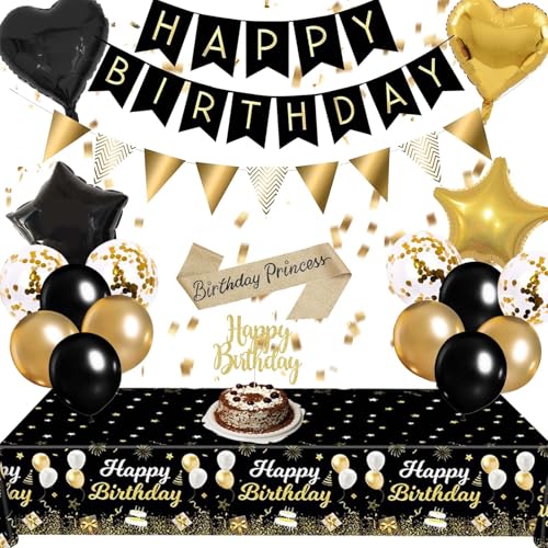Schwarz Gold Geburtstag Party Dekorationen - Happy Birthday Dekorationen Banner Luftballons Tischdecke Kuchen Topper Schärpe Wimpelkette Flaggen Zahlenballons für Erwachsene Männer Frauen Geburtstag von Fakindiy