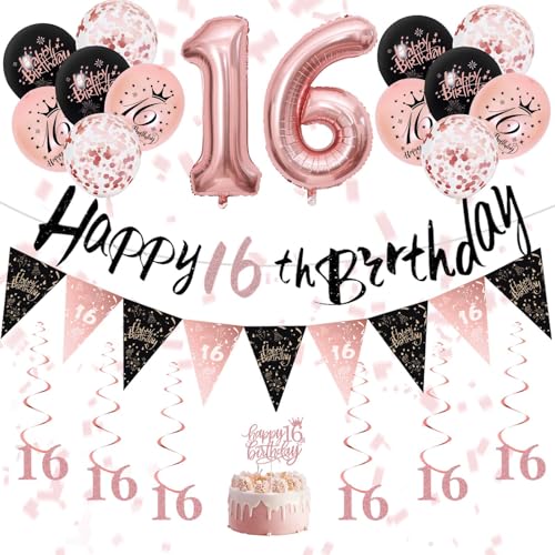 Süße Dekorationen zum 16. Geburtstag für Mädchen – Schwarz Rose Gold 16 Geburtstag Banner, Luftballons, Wimpelkette, hängende Wirbel, Luftschlangen und Tortenaufsätze für Mädchen, Frauen, Erwachsene von Fakindiy