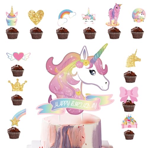 13 Stück Einhorn Tortendeko Geburtstag Einhorn Kuchen Topper Set Macaron Geburtstag Kuchen kinder Einhorn Sterne Kuchen Topper für Kinder Mädchen Junge von Falafoty