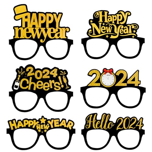 2024 Brillen Frohes Neues Jahr Brillen 6pcs Lustige Foto Requisiten, Silvester Brillen 2024 Papier Brillengestelle Neujahr für Kinder Jungen Mädchen, Niedliche Brillen Foto Requisiten Party Favor von Falafoty