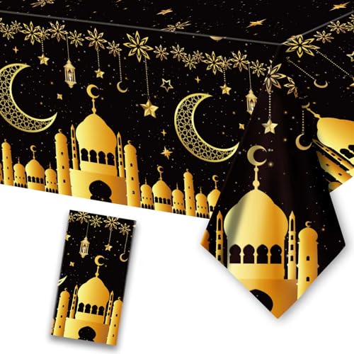 Eid Ramadan Tischdecken, Schwarz Gold Einweg Plastik Wasserdicht Tischtuch, Eid Mubarak Mond, Stern Rechteckige Tischdecke für Muslim Islamische Party Abendessen Tischdekoration 130 X 220cm (1PCS) von Falafoty