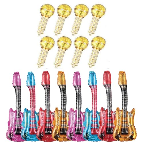 Falafoty Aufblasbare Instrumente Set, Aufblasbare Gitarre Spielzeug Mikrofon Ballons Party Prop Rock Star Ballon Set Eurovision Party Dekoration, Rock Roll Thema 80er Jahre Karneval Disco Party Photo von Falafoty
