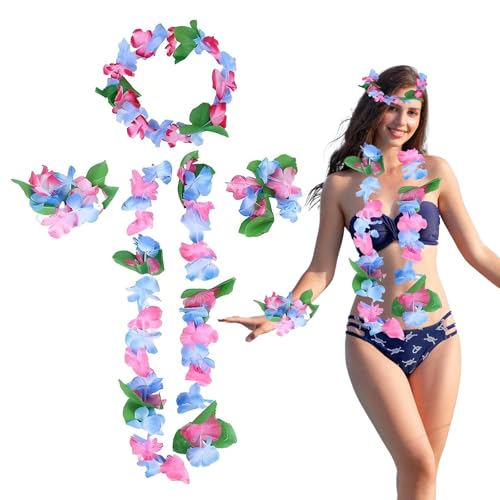 Hawaii-Girlande-Set, Party-Dekoration, tropische Halskette, Blumen-Armbänder, Haarbänder, Hawaii-Kostüm, Party-Zubehör für Erwachsene und Kinder, Strand-Mottoparty-Zubehör, Blau, 4-teilig Hawaii-Girlande-Set, Party-Dekoration, tropische Halskette, Blumen-Armbänder, Haarbänder, Hawaii-Kostüm, Party-Zubehör für Erwachsene und Kinder, Strand-Mottoparty-Zubehör, Blau, 4-teilig von Falafoty
