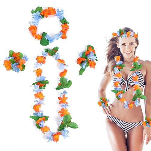 Hawaii-Girlanden-Set, Party-Dekoration, tropische Halskette, Blumen-Armbänder, Stirnbänder, Hawaii-Kostüm, Party-Zubehör für Erwachsene und Kinder, Strand-Mottoparty-Zubehör (Orange) von Falafoty