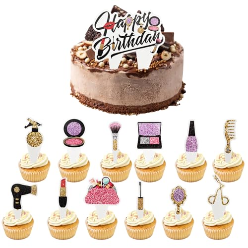 Make up Kuchen Dekoration 13PCS Make up Geburtstag Cupcake Topper Lippenstift Schminkpinsel Cupcake Picks Happy Birthday Cake Topper für Bachelorette Kosmetik Thema Geburtstag Party Dekor (Makeup) von Falafoty