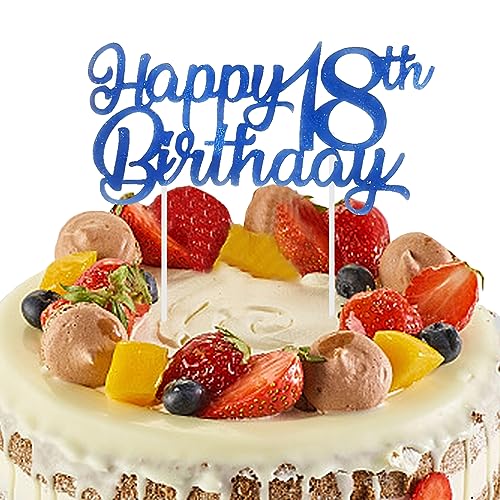 Personalisierte Happy Birthday Cake Glitter Cupcake Topper, Geburtstagstorte Dekorationen für Mädchen Jungen Party Supplies, Happy Birthday Zeichen für Kuchen, 18. Geburtstag Dekoration (Neu Blau) von Falafoty
