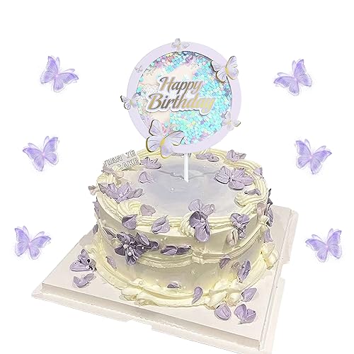 Schmetterling Happy Birthday Cake Topper Glitzer 3D Schmetterling Kuchendekoration zum Thema Geburtstag für Mädchen Frauen Geburtstag Party Tortendekoration (Lila) von Falafoty