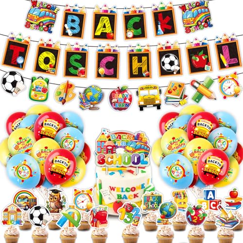 "Welcome Back To School"-Dekorationen, Set mit mehrfarbigen Luftballons, kindliches Banner, Cupcake-Topper, Schulanfang, für Zuhause, Klassenzimmer, hängende Dekorationen, Partygeschenke, Schwarz von Falafoty