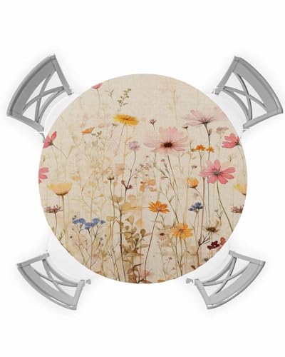 Runde Tischdecke mit botanischen Wildblumen, elastische Tischdecken, wasserdicht, für drinnen und draußen, Stretch-Stoff, Tischdecke für Abendessen, Party, Dusche, Retro, Frühlingsblumenkräuter, 91,4 von Falaniique