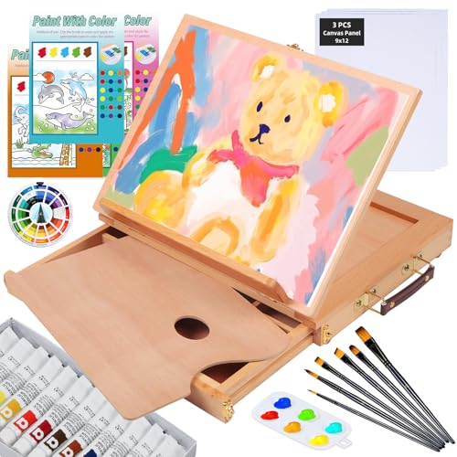 Falling in Art Buchenholz Tischstaffelei Set mit 12 Röhren Acrylfarben, Leinwand Paneele, Pinsel, Palette - 23 Stück Acryl Künstler Malerei Werkzeuge Kit für Erwachsene, Anfänger, Kinder von Falling in Art