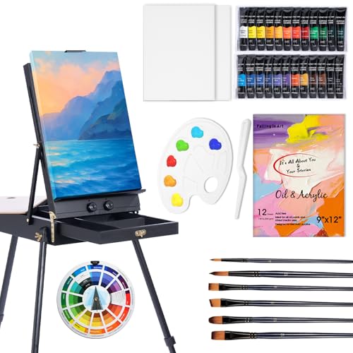 Falling in Art Künstler-Malset mit französischer Staffelei, 37-teilig, professionelles Staffelei-Set mit Leinwand, Pinsel, Farben, geeignet für Erwachsene, Künstler und Anfänger, Schwarz von Falling in Art