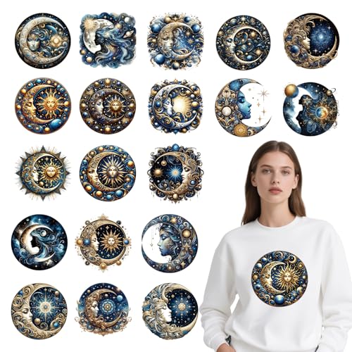 Falueqg DTF Transfers Ready to Press – 20 Stück Mystische Monde Gesicht Bügelbilder für T-Shirts, himmlische Bügelbilder, Patches, Mystic Boho Heat Sublimation Aufkleber für DIY Kleidung Hoodies Jeans von Falueqg
